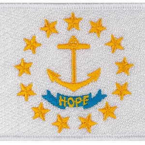 May include: Embroidered patch featuring the flag of Rhode Island. The design includes a gold anchor, thirteen gold stars, and a blue banner with the word "HOPE". The patch is rectangular with a white background.