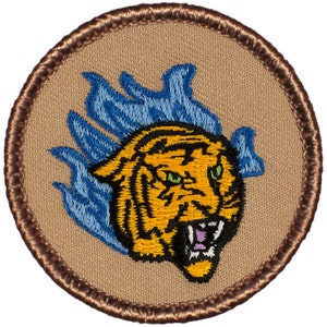 Blue Flaming Tiger Patch 2 Inch Diameter Embroidered Patch