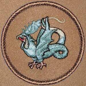 May include: A brown embroidered patch with a blue dragon design. The dragon is curled up with its tail in its mouth.