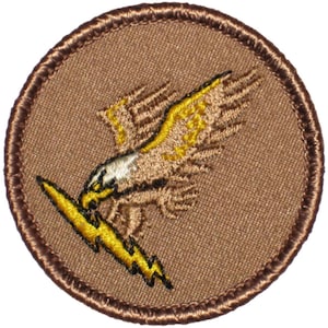 May include: A brown embroidered patch with a brown eagle holding a yellow lightning bolt in its talons. The eagle is flying with its wings spread out. The patch has a brown stitched border.