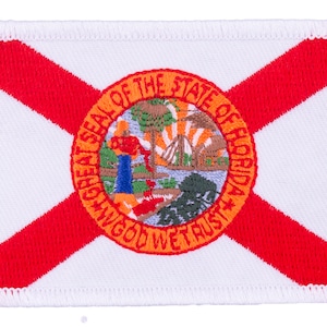 May include: A white patch with a red diagonal cross and the state seal of Florida in the center. The seal is a circle with the words "Great Seal of the State of Florida" around the outside and "In God We Trust" at the bottom. The seal depicts a sun rising over a body of water with a ship sailing on it. There are trees and a woman holding a palm branch on either side of the water.