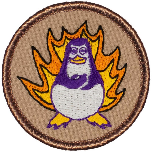 Flaming Purple Penguin Patch (338A) 2 Inch Diameter Embroidered Patch