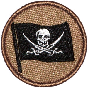 May include: A brown embroidered patch with a black pirate flag featuring a white skull and crossbones.