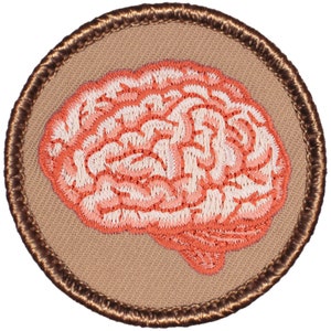 May include: A brown embroidered patch with a pink brain design. The patch has a brown stitched border.