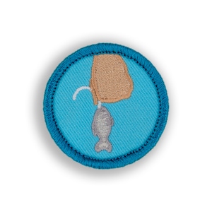 May include: A blue and brown embroidered patch with a fish hanging from a bucket.