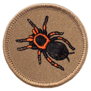 May include: A brown embroidered patch with a black and orange tarantula spider on a tan background.
