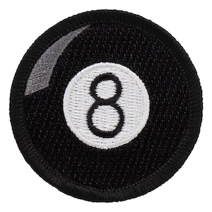 May include: Black and white embroidered patch of a billiard ball with the number eight in the center.