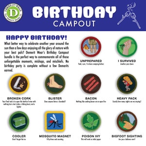 May include: A colorful illustration of ten merit badges for a birthday campout. The badges are green, brown, and red with white outlines. The badges feature illustrations of a broken cork, a blister, bacon, a heavy pack, a cooler, a mosquito, poison ivy, a bigfoot, a tent, and a hand holding a stick. The text on the badges reads: "Broken Cork", "Blister", "Bacon", "Heavy Pack", "Cooler", "Mosquito Magnet", "Poison Ivy", "Bigfoot Sighting", "Unprepared", and "I Survived".