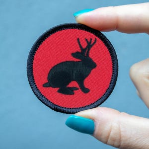 Red & Black Jackalope Patch (158R) 2 Inch Diameter Embroidered Patch