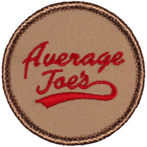 May include: A brown embroidered patch with a red embroidered design that says "Average Joes".