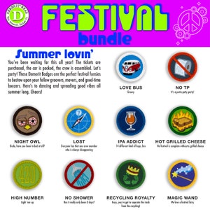 May include: A set of 10 colorful round Demerit Badges with various designs and text. The badges feature a peace sign, a love bus, a night owl, a lost compass, an IPA glass, a hot grilled cheese, a high number 420, a no shower sign, a recycling royalty crown, and a magic wand. The badges are on a pink background with the text "Summer Lovin' Festival Bundle".