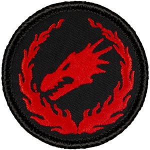 May include: Red embroidered patch with a dragon head inside a circle of flames on a black background.