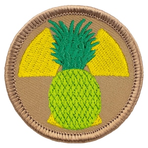 May include: A round, tan embroidered patch with a yellow and green pineapple design. The pineapple is in the shape of a radiation symbol.