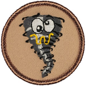 May include: A brown embroidered patch with a cartoon tornado with a face. The tornado is gray and white with yellow eyes and a yellow mouth.