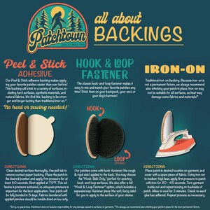 May include: A colorful infographic explaining the different types of backing used for patches, including peel and stick, hook and loop, and iron-on. The infographic includes illustrations of each type of backing and instructions on how to apply them.