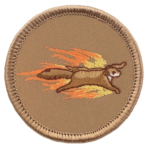 Flaming Flying Squirrel Patch (204) 2 Inch Diameter Embroidered Patch
