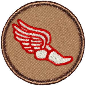 May include: A brown and white embroidered patch with a red winged foot, a symbol of speed and athleticism.