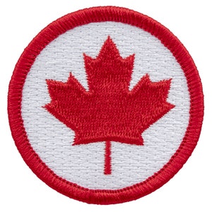 May include: A red embroidered Canadian flag patch with a white background and a red border.