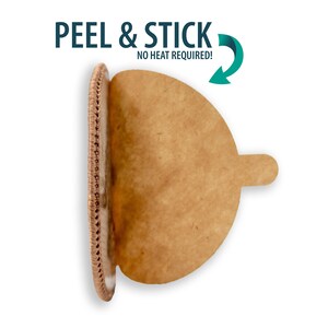 May include: A brown, peel-and-stick adhesive patch with a scalloped edge. The text "PEEL & STICK NO HEAT REQUIRED!" is printed on the patch.