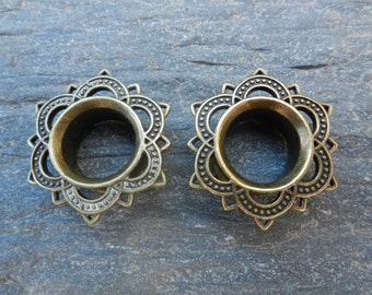 Ear plug tunnel Mandala women tribal Indian gold brass Gypsy festival hippie earth Lotus Flower
