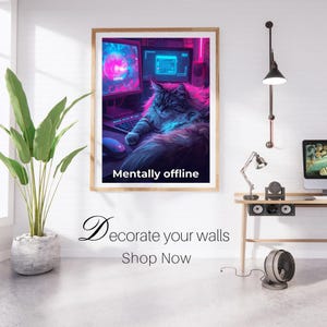 Mentally Offline Poster, Funny Cat Office Burnout Wall Art, Cute Sleeping Fluffy Cat Keyboard Print, Lofi Aesthetic Desk Decor Tech Gift