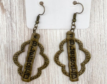 Blessed Charm Earrings - Quatrefoil Charm Earrings - Antique Brass Quatrefoil Charm