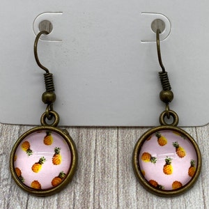 Pink Pineapple Print Earrings - 12mm Glass Cabochon Pineapple Print - Small Pineapple Earrings