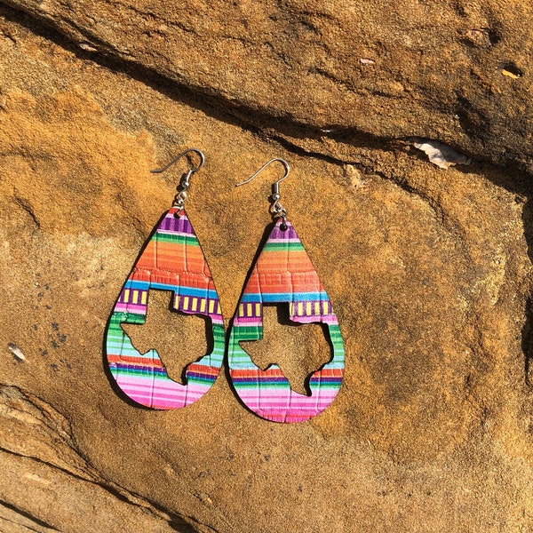 Leather Teardrop Earrings - Serape Texas Cut Out Teardrop Leather Earrings