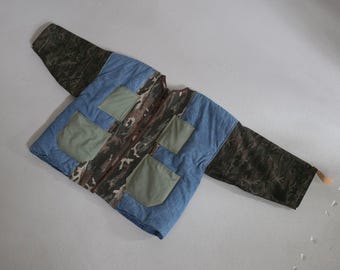 One of a Kind Chambray Puffer & Wool Camouflage Jacket