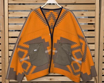 One of a Kind Bright Orange Wool Southwestern Blanket Jacket