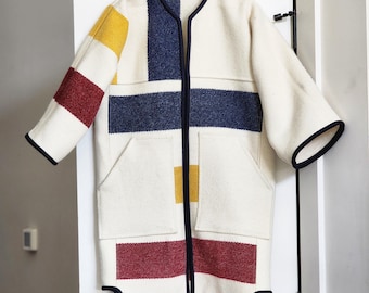 Reduced Price - One of a Kind Wool Asymmetric Bold Stripe Blanket Coat