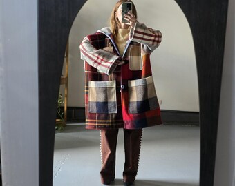 One of a Kind Plaid Blanket Weight Wool Patchwork Asymmetrical Coat with Hood