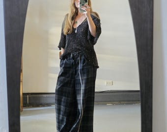 Wide Leg, Pleated Patchwork Pants in Shades of Black Plaid