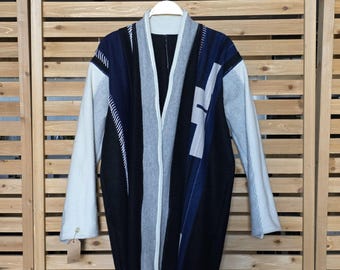 One-of-a-kind Wool Blanket Remnant Jacket Navy Black White & Grey