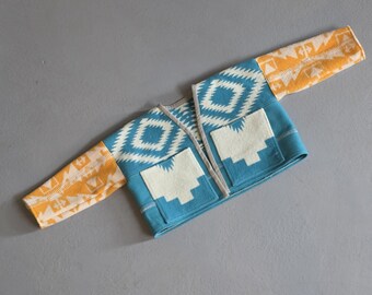 One of a Kind Kid's Jacket in Teal White & Orange Blanket Weight Wool
