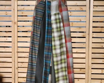Wide Leg, Pleated Wool Pants in Patchwork Stripes and Plaids