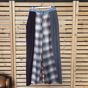 Wide Leg Purple Plaid Pleated Patchwork Wool Pants w/ Upcycled Denim Waistband OOAK