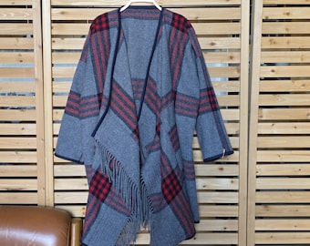 Clearance - One of a kind Wool Blanket Remnant Coat in Grey Plaid with Waterfall Fringe