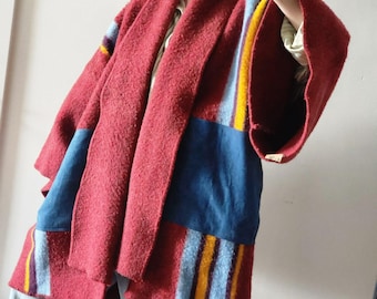 Clearance - One of a kind Red Striped Blanket Coat with Denim Pockets