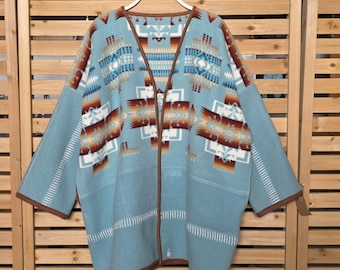 Reduced Price - One of a Kind Aqua Pattern Wool Blanket Remnant 3/4 Length Coat