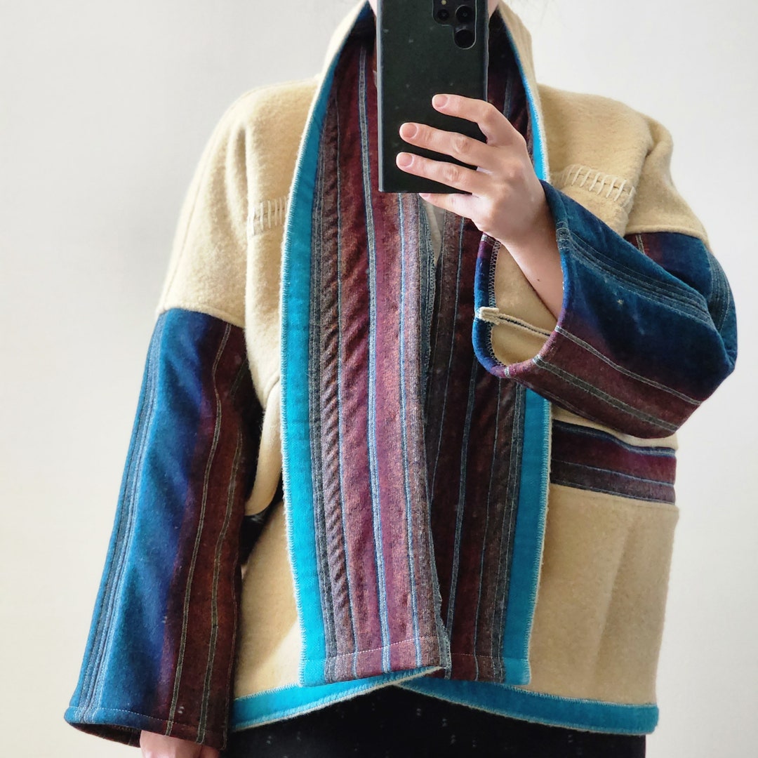 Cream Wool Blanket Jacket W/ Teal Stripe Shawl Collar Etsy