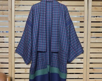 One of a Kind Navy Plaid Check Wool Colorblock Oversized Coat