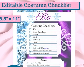INSTANT DOWNLOAD | Costume Checklist Planner for Cosplay, Party Princess Company| Ice Queen Frozen Princess Inspired Digital Character Guide