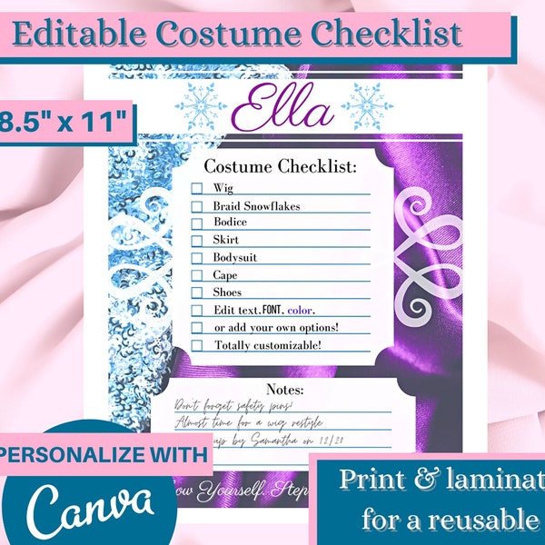 INSTANT DOWNLOAD | Costume Checklist Planner for Cosplay, Party Princess Company| Ice Queen Frozen Princess Inspired Digital Character Guide