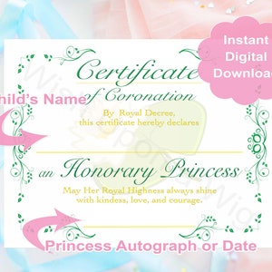 INSTANT DOWNLOAD Princess and the Frog Coronation Certificate | Party Favor | Child&#39;s Birthday Gift | Princess Party Activity | Decor