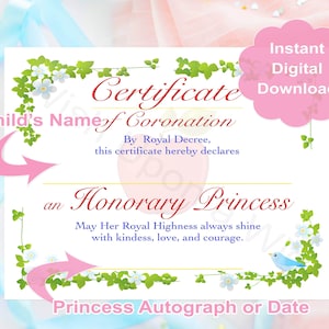 INSTANT DOWNLOAD Princess Snow White Coronation Certificate | Party Favor | Child&#39;s Birthday Gift | Princess Party Activity | Decor