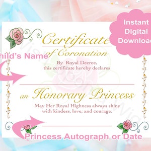 INSTANT DOWNLOAD Princess Belle Coronation Certificate | Party Favor | Child&#39;s Birthday Gift | Princess Party Activity | Decor