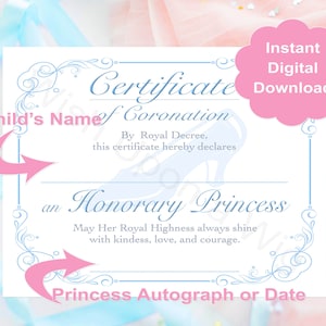 INSTANT DOWNLOAD Cinderella Coronation Certificate Princess | Party Favor | Child&#39;s Birthday Gift | Princess Party Activity | Decor