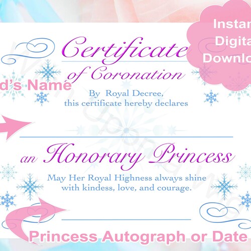 Printable Princess Certificate INSTANT DOWNLOAD - Etsy