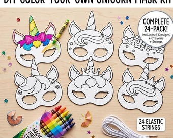 Unicorn Coloring Masks for Kids 24 Pack DIY, Paper Blank Unicorn Party Favors, Birthday Craft Activity for Girls, Color Your Own Mask Kit